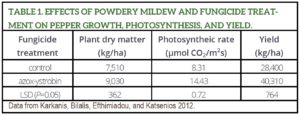 Table 1. Effects of powdery mildew and fungicide treatment on pepper growth, photosynthesis, and yield.