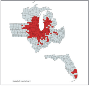 Figure 1. The known U.S. distribution of tar spot on field (dent) corn as of 2018.