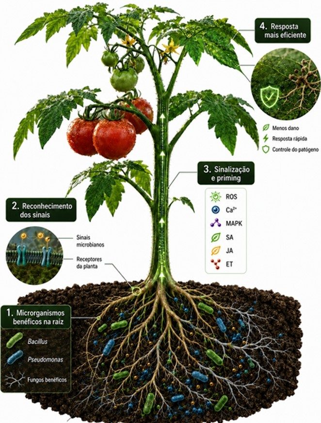 Microrganismos benéficos presentes na rizosfera são reconhecidos pela planta e ativam sinais internos de defesa, como ROS, Ca²⁺, MAPK, SA, JA e ET, preparando o metabolismo vegetal para responder de forma mais rápida, eficiente e organizada aos estresses na parte aérea. 