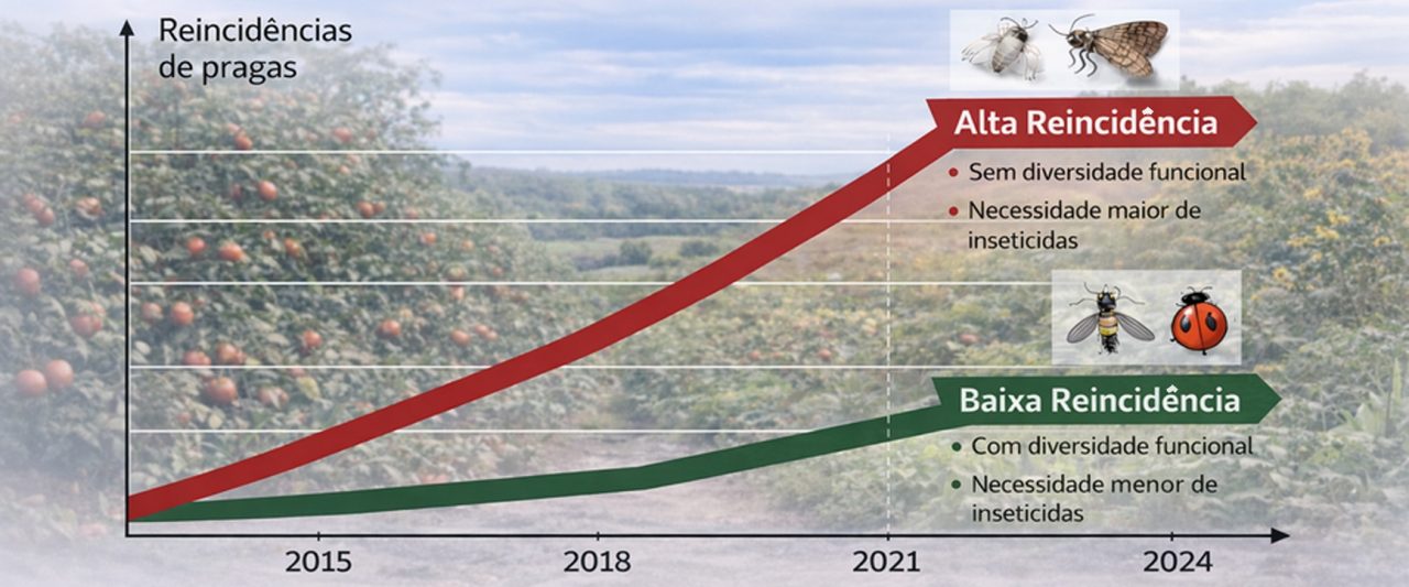 Reincidência de pragas em tomateiros é maior em monocultura (vermelho) por falta de diversidade. Sistemas diversificados (verde) ajudam a controlar pragas naturalmente, com menor uso de inseticidas.