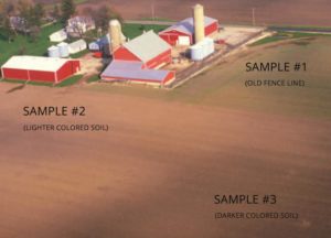 Figure 2. Sampling areas based on variation across the field as indicated by differences in soil type and an old fence line.