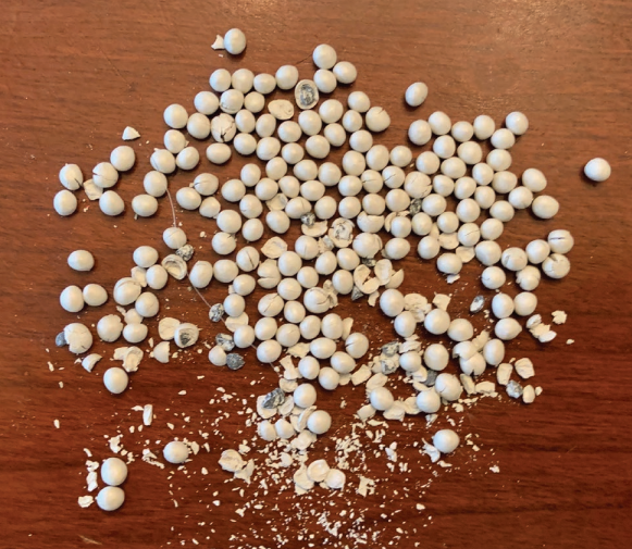 Figure 2. Broken coatings on pelleted seed can result in clogged planters. Applied seed treatments can lose effectivness if the pellet coating is damaged or broken.